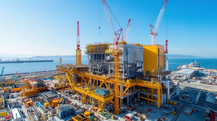 Fototapeta premium Large construction site with cranes and machinery by sea, showcasing industrial activity and clear blue sky. vibrant colors and busy environment evoke sense of progress and innovation