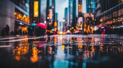 Naklejka premium City street with rain and reflections