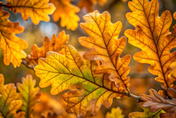 Fototapeta premium A close-up view of vibrant autumn oak leaves in various shades of orange and green, showcasing nature's beautiful seasonal change.