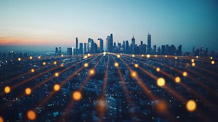 Obraz premium The intricate network of data connections overlaying a picturesque city skyline at dusk, illustrating the seamless integration of technology and communication within bustling metropolitan landscapes.