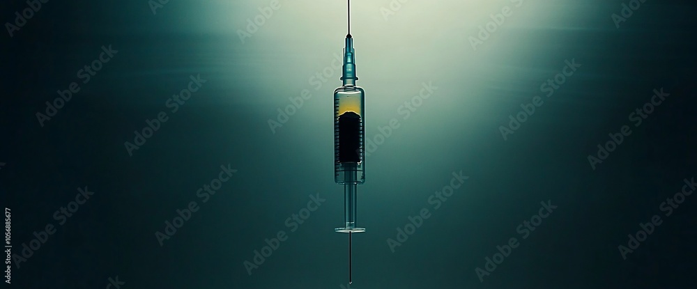 Poster A syringe hanging from a thin thread against a dark blue background with a beam of light in the top right corner.