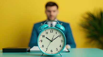 A businessman sits at a desk with a turquoise clock in front, symbolizing time management against a bright yellow backdrop.