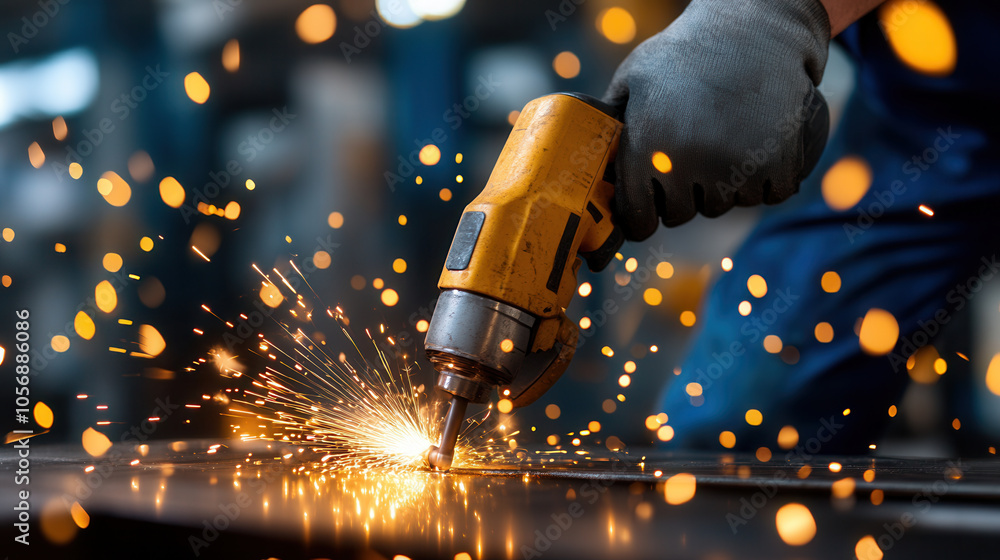 Poster construction worker using power tool, creating sparks in workshop. scene captures intensity and focu