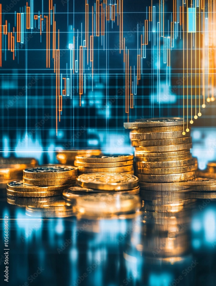 Poster close-up of gold coins with a subtle inflation graph projected onto them, smooth textures, editorial