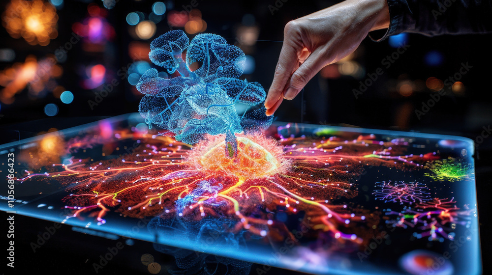 Poster hand interacts with vibrant holographic screen displaying intricate, colorful neural networks and or