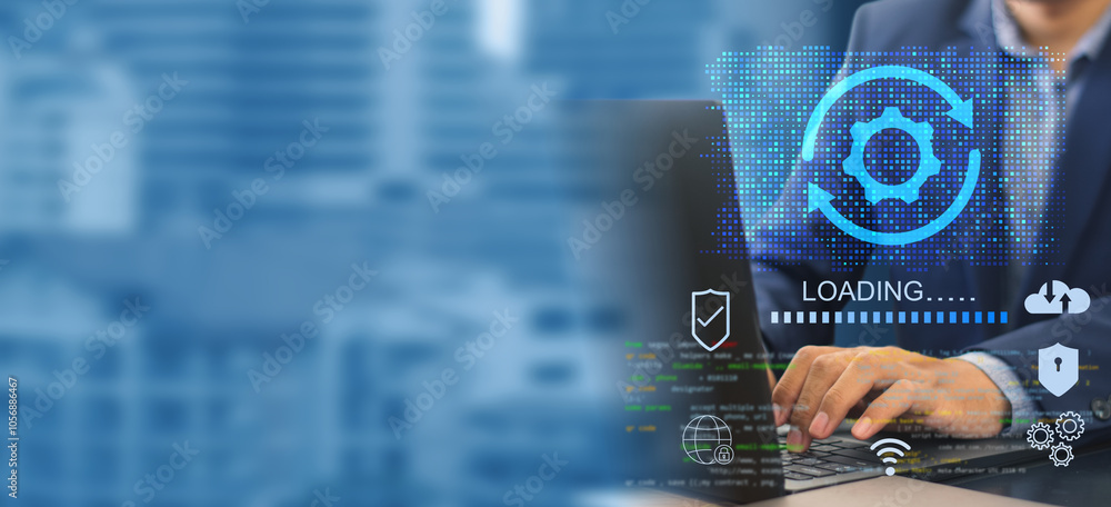 Fototapete a business person updates software, installs an update process, and upgrades the software version co
