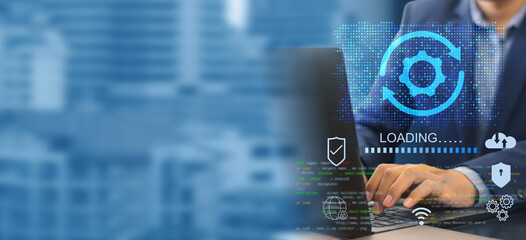 A business person updates software, installs an update process, and upgrades the software version...