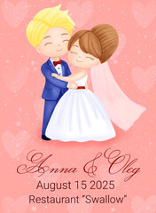 
Cute wedding invitation with newlyweds characters.Beautiful wedding invitation