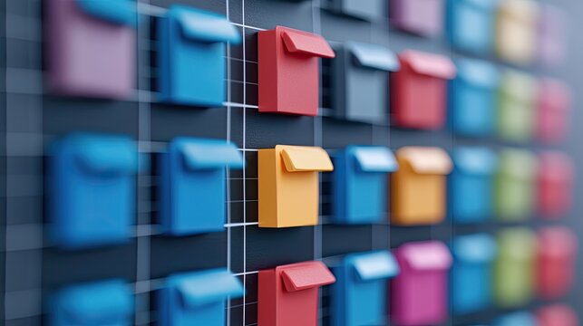 Colorful storage boxes in a grid layout, showcasing organization and vibrant design, ideal for modern workspace or creative settings.