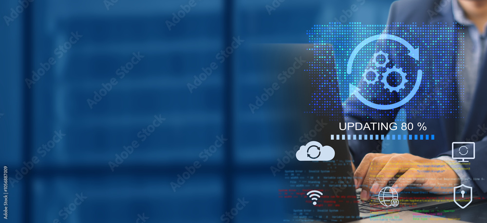 Fototapete a business person updates software, installs an update process, and upgrades the software version co