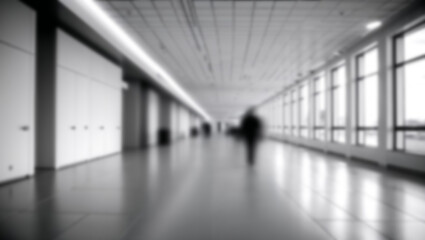 Fototapeta premium Long hallway with overhead lighting and windows on one side.