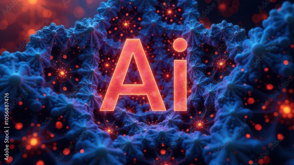 Fototapete ai letters with red texture on a dark blue organic structure background. futuristic digital 3d illus