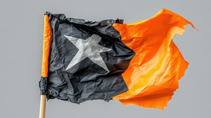 Black and Orange Flag with White Star Waving in Wind