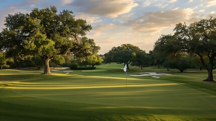 Beautiful golf course with an expansive green fairway, softly illuminated by golden hour light. The flag is positioned off to the side, and trees frame the course under a rich, warm-toned sky