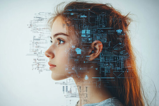 Image of a young girl's face, a schoolgirl or a student, with many virtual graphs, lines and diagrams in her head. Concept beyond the brain. Generated by artificial intelligence
