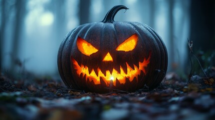 Scary glowing jack-o'-lantern pumpkin with sharp teeth for Halloween night decor.