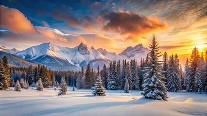Fototapeta premium Tranquil winter scene with snowy mountains and pine trees at sunset, Winter, Tranquil, Snowy, Mountains, Pine trees, Sunset