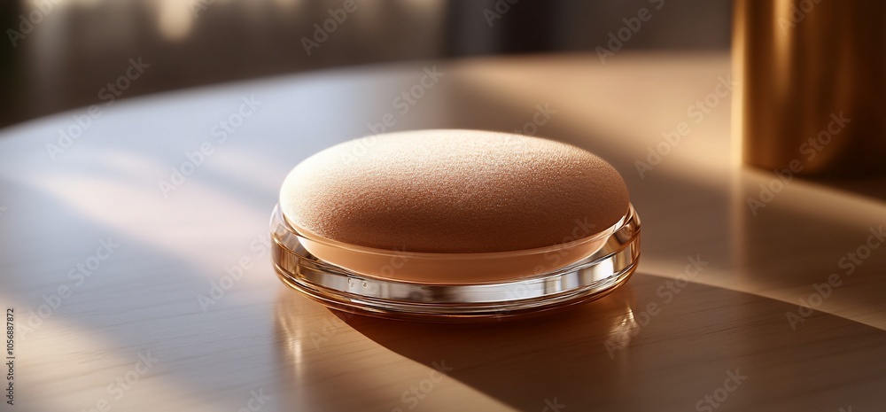 Poster beige round object on a wooden surface in soft light.