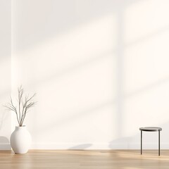 White vase with twig branches on a light wood floor with a black side table.