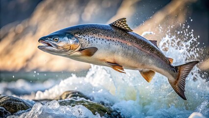 Obraz premium Close up of a salmon jumping out from the water, salmon, fish, wildlife, nature, jumping, water, river, aquatic, splash, motion