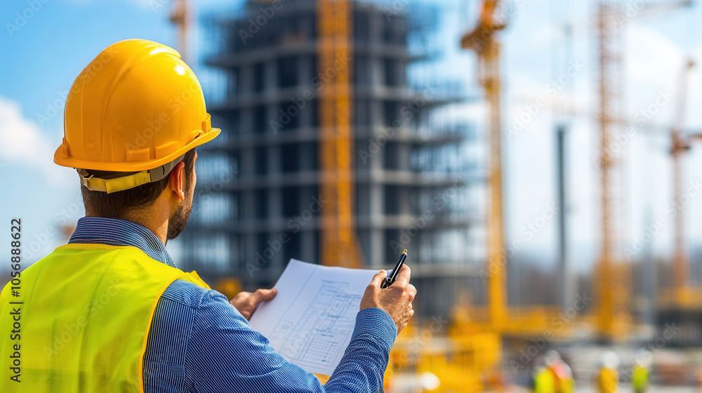 Poster construction engineer reviewing plans at building site with cranes. focus is on safety and project m