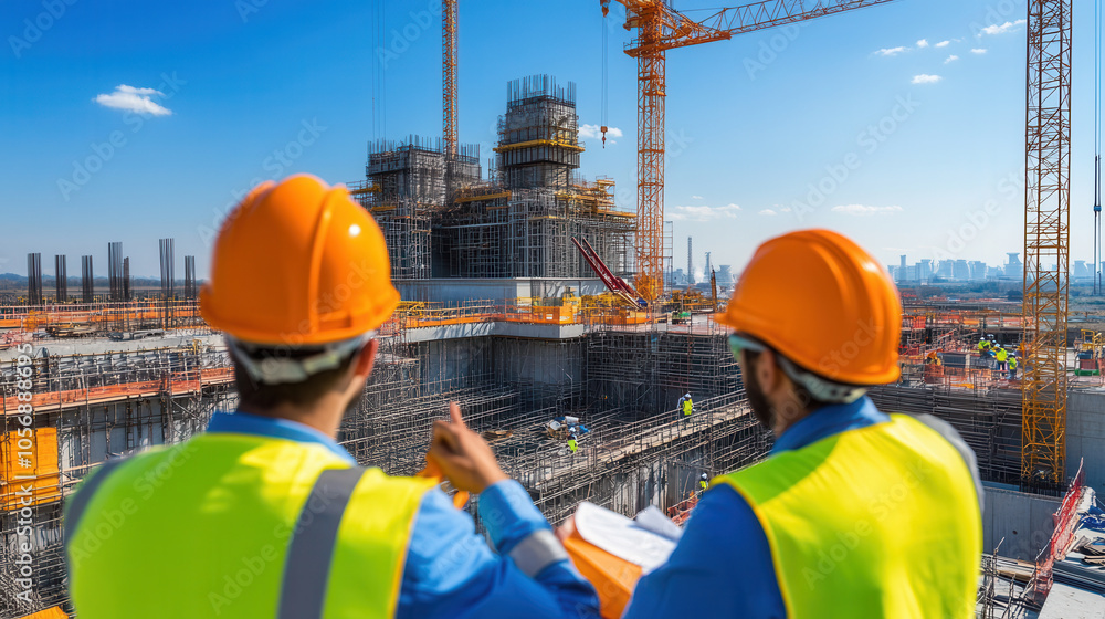 Poster construction workers inspecting building site with cranes and scaffolding. scene captures teamwork a