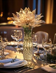 Table Setting: Create a scene where the glass flower is part of an elaborate table setting for a special dinner.