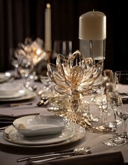Table Setting: Create a scene where the glass flower is part of an elaborate table setting for a special dinner.