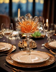 Table Setting: Create a scene where the glass flower is part of an elaborate table setting for a special dinner.