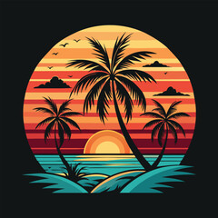 Palm trees on the beach. Vector illustration in flat style for T shirt design