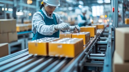 Fototapeta premium Worker in a warehouse packing boxes on a conveyor belt