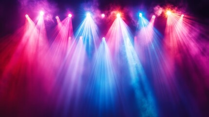 Obraz premium Stage lights with pink and blue beams in smoky darkness