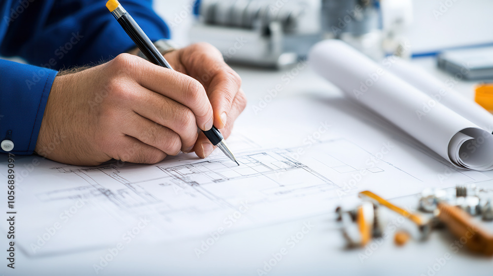 Poster construction engineer reviewing blueprints and making notes with pen. workspace includes tools and r