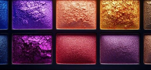 Close up of colorful eyeshadow palette with various shades of purple, red, orange and gold.