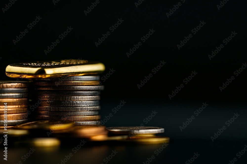 Poster close-up of a gold bar resting on top of a coin stack, emphasizing the concept of wealth preservatio