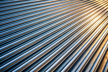 Obraz premium A close-up view of metallic rods arranged parallel, capturing reflections and shadows, showcasing texture and industrial design.