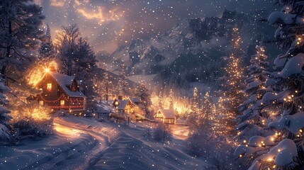 Cozy Snow-Covered Cabin Illuminated by Warm Lights in a Winter Wonderland