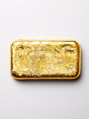A single gold bullion bar placed on a white background with space for text, representing security and investment in a simple, minimal layout.