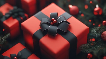 Red Gift Box with Black Bow and Christmas Tree Ornaments