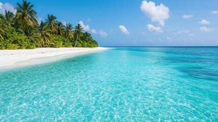 Naklejka premium A tranquil tropical beach with clear turquoise water and palm trees under a bright blue sky.