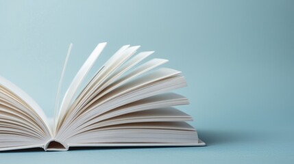 An open book with flipping pages rests on a light blue background, showcasing its intricate details and textures.