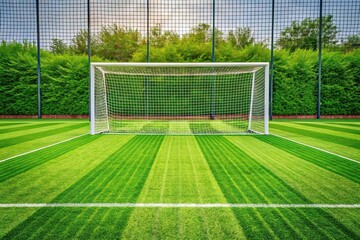 Fototapeta premium Grid-patterned football field background with green grass and white goalposts, football field, blue sky