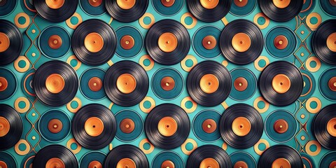 Vinyl records pattern on a retro colored background with peacock blue, tangerine, and almond shades, retro