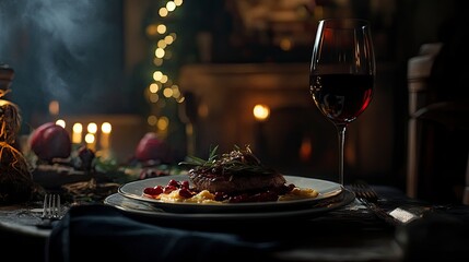 fine dining meal, with a glass of wine, food photography, award-winning photograph, Photorealistic, Canon EOS 5D Mark IV DSLR, professional lighting set up8k, moody lighting.generative ai