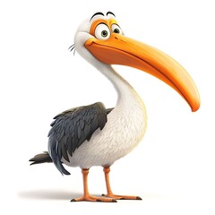 Fototapeta premium A cartoon pelican standing with a large beak on a white background.