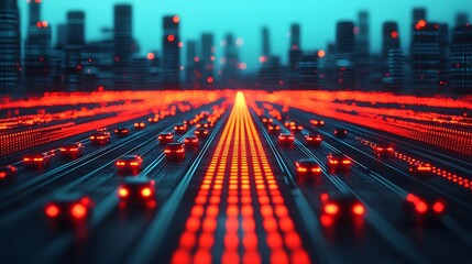 Illuminated urban freeway a glimpse into futuristic city transportation at night with vibrant red lights