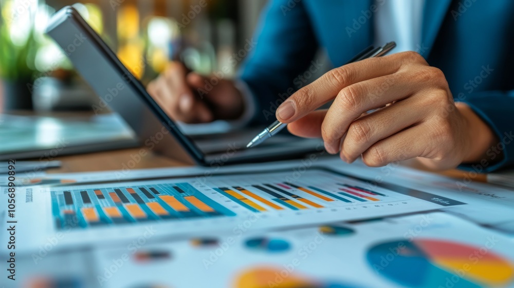 Poster close-up of a hand pointing at a bar graph on a financial report