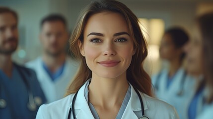 Fototapeta premium A woman wearing a white coat and a stethoscope. She is smiling. There are other people in the background