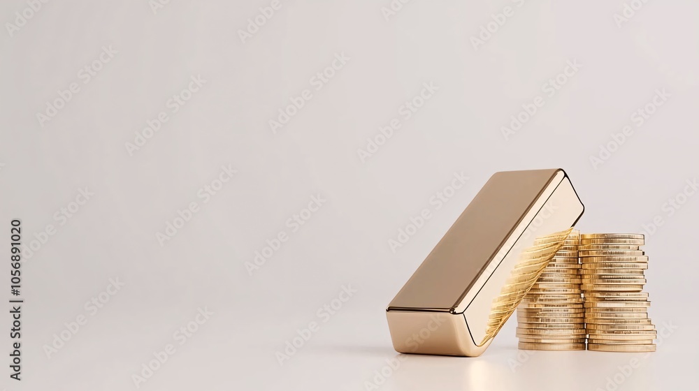Poster a minimalist composition featuring a single gold bar and stack of coins on a white surface, emphasiz