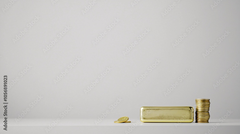 Poster a minimalist composition featuring a single gold bar and stack of coins on a white surface, emphasiz